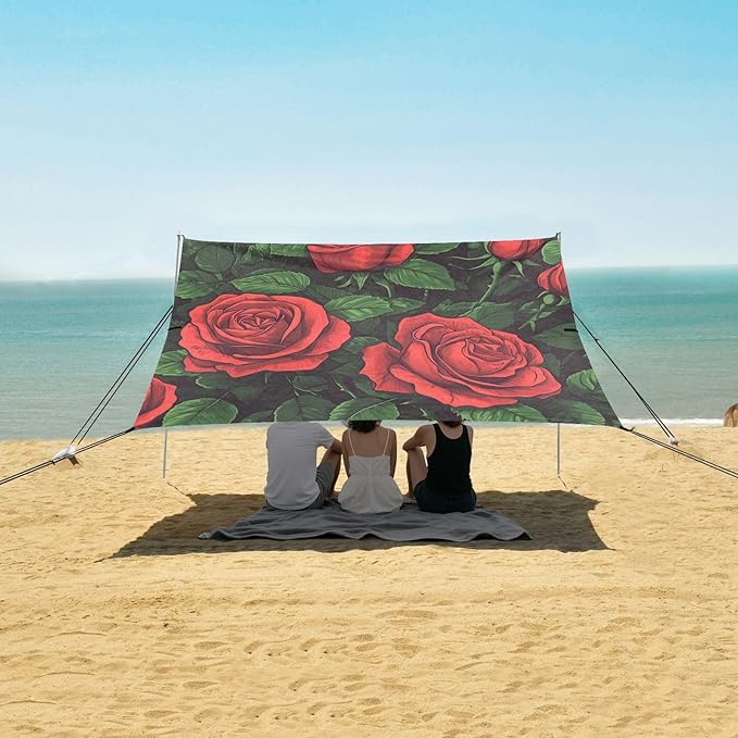 ALAZA Red Rose Flowers Beach Tent Sun Shelter UPF50+ Protection Beach Shade Canopy w/ 4 Sandbags for Outdoor Camping Fishing Backyard Fun Picnic 10x9 ft