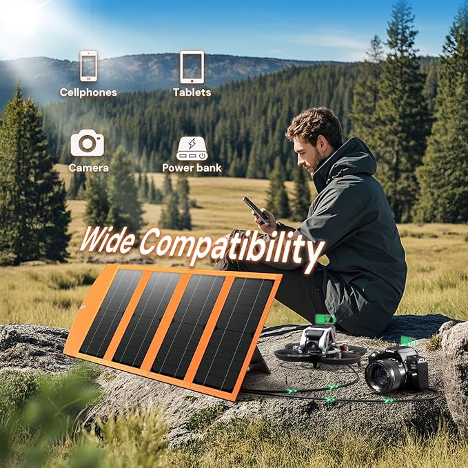 30W Portable Solar Panel Charger with USB and Type-C Outputs(5V/3A Max) for Phones Power Banks Tablets Fast Charges 2 Devices at Once IP67 Waterproof for Camping Hiking and Outdoor Activities