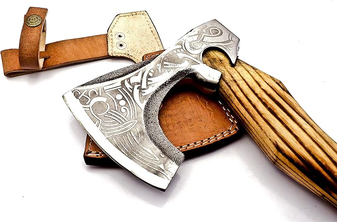 NOORAKI 17 Camping Axe Hatchet Tomahawk | Handmade Damascus Carbon Steel Hunting Viking Axe Chopping Axe Throwing Axe Gardening &amp Bushcraft Axe for Outdoor Wood | Viking Gifts for Men with She