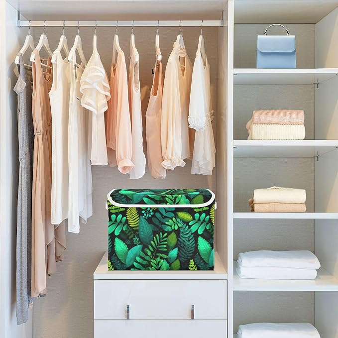 Collapsible Storage Bins with Lids Decorative Fabric Storage Cubes Closet Organizer and Storage Basket Boxes Containers for Clothes Box Chest Nursery Folding Rectangle Dark Green Leaves