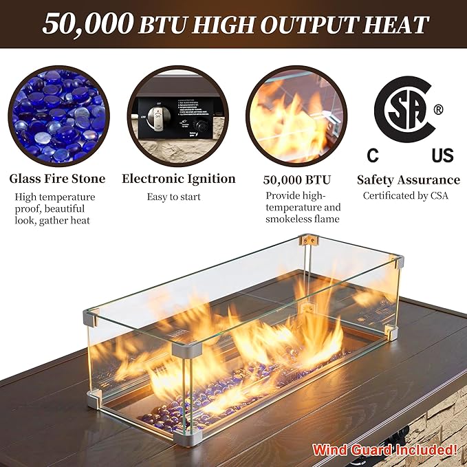 PIZZELLO 43 Inch Propane Fire Pit Table Outdoor Stone Firepit Table Rectangular 50000 BTU Gas Firepits for Outside Patio with Wind Guard Table Lid Fire Beads Cover Pizzello Caldo (Buff)