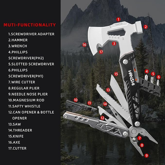 HANSHI Camping Axe Multitool with YG10 Tungsten Steel Replaceable Wire Cutters for Gift17 in 1 Multi Tool with Spring-Action PliersKnifeScrewdriverFlint RobSafty Whistle with Nylon Sheath (Black)
