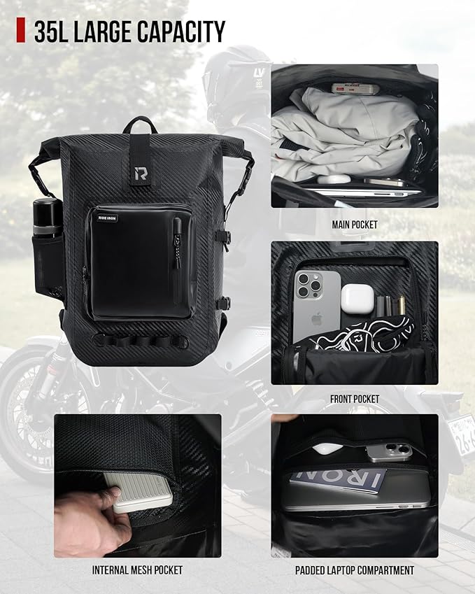 RIDEIRON Waterproof Backpack Motorcycle Dry Bag with Roll Top Closure for Kayaking Travel Surfing Boating Fishing Camping (Carbon Fiber 35L)