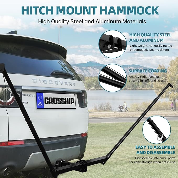 Hitch Mount Hammock Stand - Includes Parachute Nylon Hammock &amp Storage Bag - for 2'' Receiver Fits Class III &amp IV Heavy Duty Trucks for Camping Outdoor Travel (350lbs Weight Capacity)