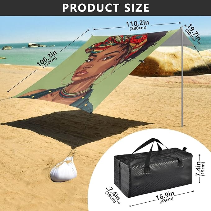 ALAZA Beautiful African Female on Green Beach Tent Sun Shelter Portable Canopy Sunshade for Outdoor Camping Picnics Backyard Fun 10x9 ft