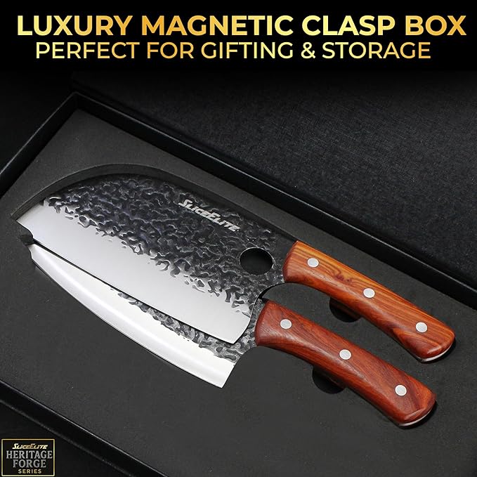 SliceElite Heritage Forge Series 2PCS Hand-Forged Serbian Chef &amp Viking Duo Kitchen Tool Meat Cleaver Chopping Knife Outdoor Cooking BBQ Butcher Set Forged Cooking Knives Great Knife for Men and W