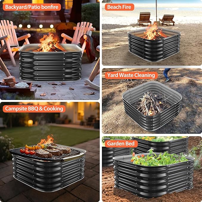 16.5''Tall Fire Pit Ring for Outside - 27IN Heavy Duty Square Wood Burning Firepit &ampOutdoor FireplacesHigh Heat ResistantGalvanized Steel Metal Bonfire Pits Portable for CampingBackyardBeachP