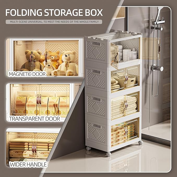 268 QT / 67 Gal White Storage Bins with 1 Lid - Collapsible Stackable Cabinet Organizer w/Wheels &amp Magnetic Doors Plastic Storage Box for Office Closet Organization