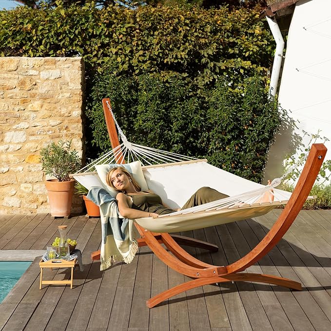 ECOTOUGE 14 FT Hammock with Stand 2 Person Heavy Duty Hammock Stand Large Hammock Bed for Porch Patio Balcony Garden Backyard White-Yellow
