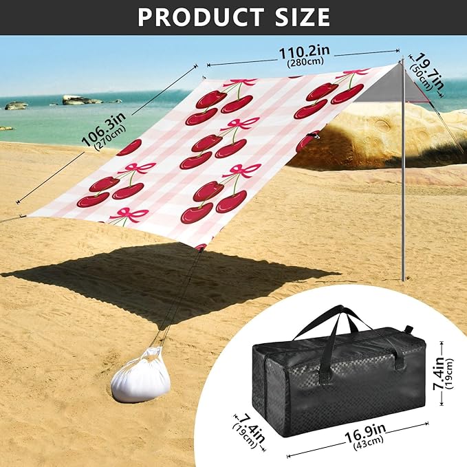 Beach Canopy with Windproof Ropes &amp Sandbags Beach Tent Sun Shade Sun Shelter for Camping Trips Fishing Backyard Fun or Picnics Cherry