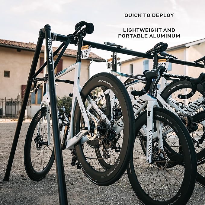 Feedback Sports | A-Frame Portable Bike Storage Rack with Travel Bag | Lightweight Collapsible Aluminum | Bicycle Hanger up to 8 Bikes | for Events | Black