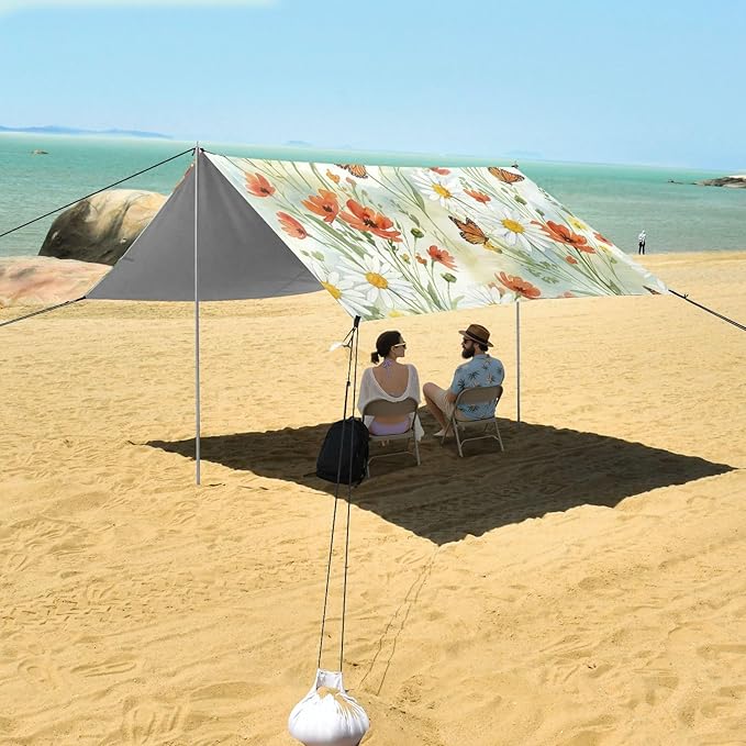 xigua Wildflowers Beach Tent Sun Shelter with Carrying Bag - Silver Coated Oxford Fabric Beach Canopy for Beach Camping Fishing - Includes Windproof Ropes Sandbags &amp Stakes