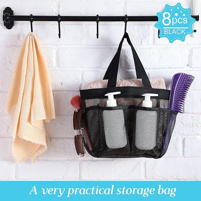 8 Packs Mesh Shower Caddy Portable Large Shower Caddy Dorm with 8 Pockets and Handles Quick Dry Shower Bags Hanging Bath Bag Dorm Room College Essentials for Bathroom Gym Camp (Black)