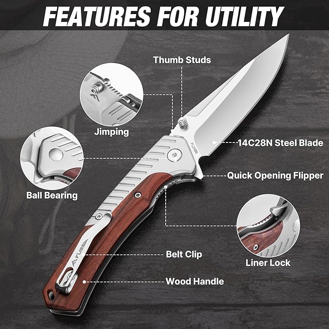 FLISSA Button Lock Folding Knife with 3.1 D2 Steel Blade G10 Handle &amp Liner Lock Pocket Knife with 3.35 14C28N Steel Blade for EDC Camping Hiking Outdoor Activities Gift for Men and Women