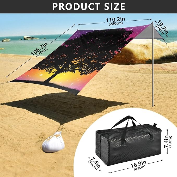 Beach Canopy with Windproof Ropes &amp Sandbags Beach Tent Sun Shade Sun Shelter for Camping Trips Fishing Backyard Fun or Picnics Tree