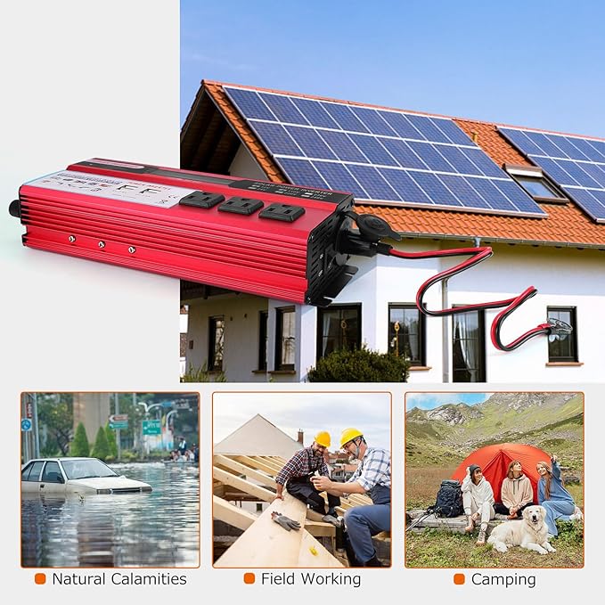 2000 watt Solar Power Inverter Solar Power Inverter 12V DC to 110V-120V AC Converter with 3 AC Outlets 2 USB Charging Port LCD Display for Off-Grid Solar Power System RV Truck Home