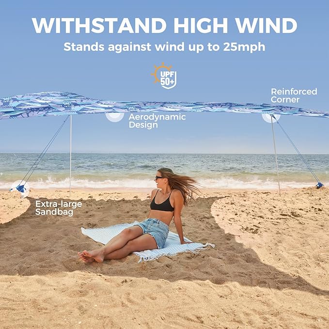 WEKAPO Beach Tent Sun Shelter - Easy Setup Beach Canopy with 4 Sturdy Poles Large Sandbags and Shovel 7'1'' Tall Windproof Sun Shade for Backyard and Camping UPF 50+ Protection