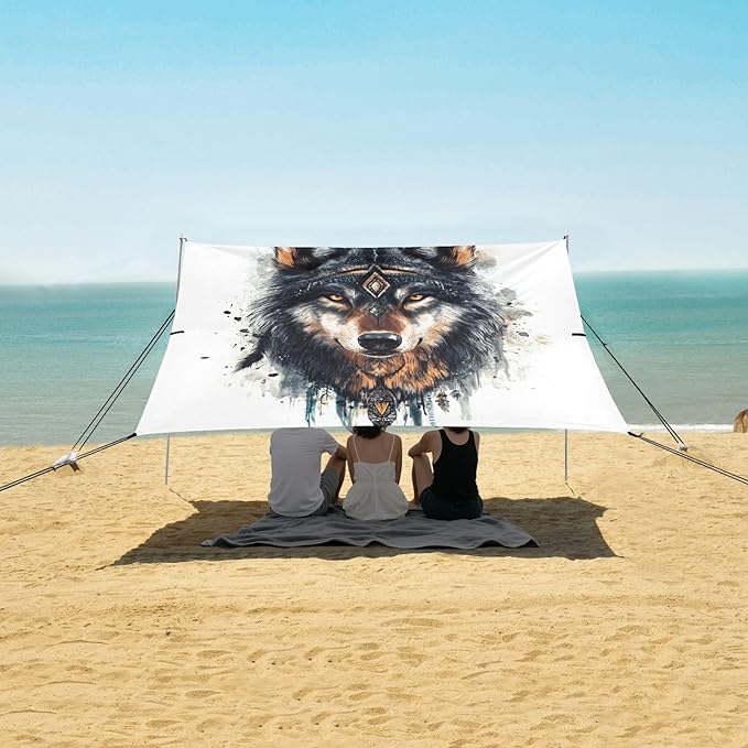ALAZA Boho Wolf Ethnic Beach Tent Sun Shelter UPF50+ Protection Beach Shade Canopy w/ 4 Sandbags for Outdoor Camping Fishing Backyard Fun Picnic 10x9 ft
