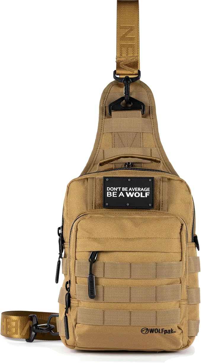 WOLFpak 9L Tactical Sling Bag (Khaki) | Concealed Carry CCW Backpack | Military Crossbody EDC Daypack Molle Chest Shoulder Pack for Hiking Travel Work |