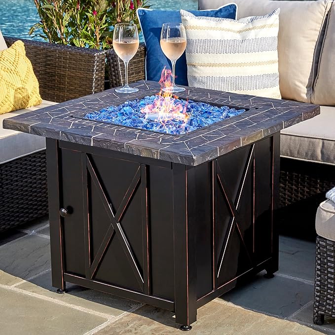 Endless Summer 30 Inch Square 30000 BTU Liquid Propane Gas Outdoor Fire Pit Table w/Push Button Ignition Blue Fire Glass &amp Steel Fire Bowl Bronze
