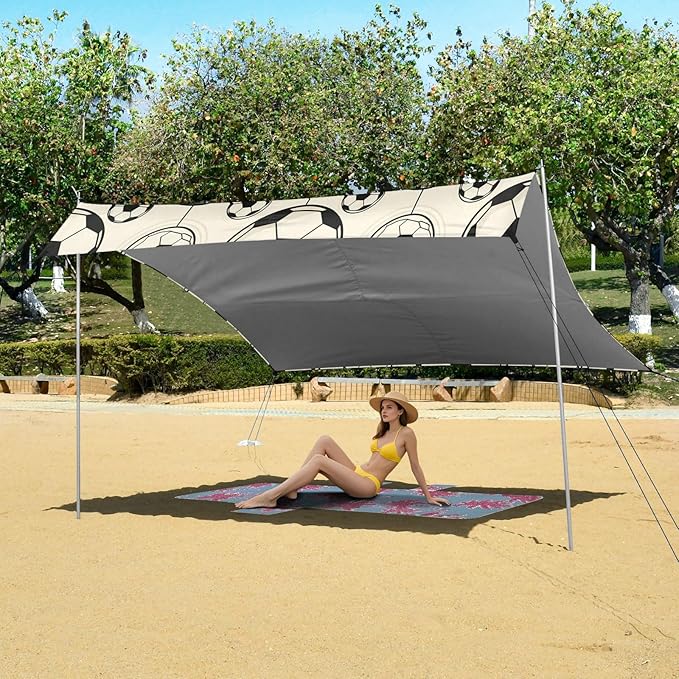 xigua Soccer Beach Tent Sun Shelter with Carrying Bag - Silver Coated Oxford Fabric Beach Canopy for Beach Camping Fishing - Includes Windproof Ropes Sandbags &amp Stakes