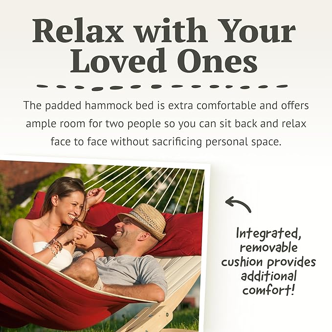 LA SIESTA® Alabama Quilted Hammock with Spreader Bar &amp Nautico Stand - Portable Weatherproof Large Outdoor Hammock with Stand 2 Person Hammock with Stand for Outside Patio Porch - XL King Red Pe
