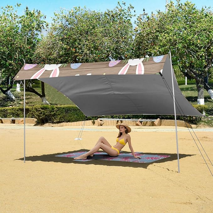 Beach Canopy with Windproof Ropes &amp Sandbags Beach Tent Sun Shade Sun Shelter for Camping Trips Fishing Backyard Fun or Picnics Easter Bunny