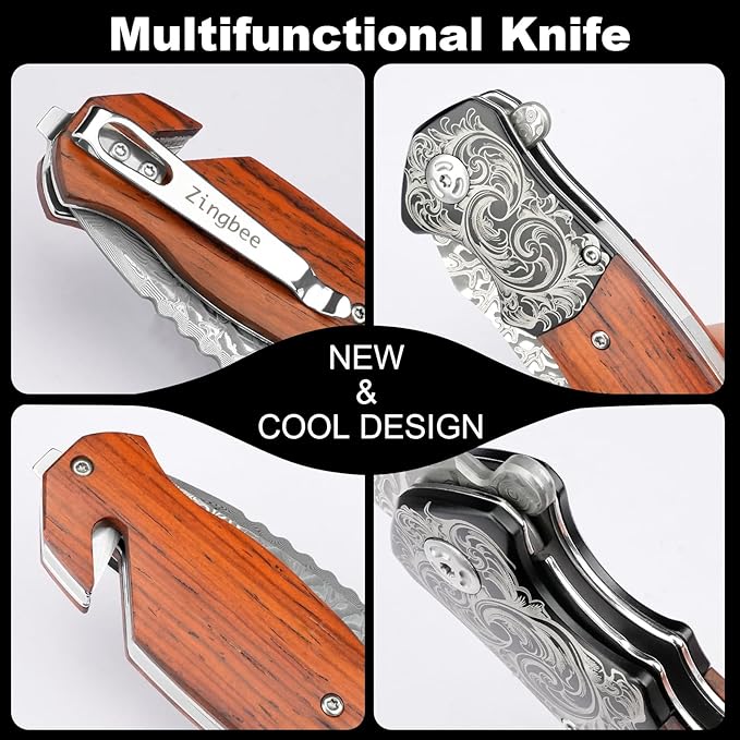 Zingbee Pocket Knife with Glass Breaker EDC Damascus Folding Knife with Seatbelt Cutter 3.35 VG10 Damascus Steel Blade Multitool Pocket Knives with Wood Handle