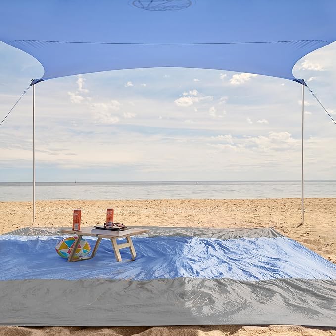 WEKAPO Beach Tent Sun Shelter - Easy Setup Beach Canopy with 4 Sturdy Poles Large Sandbags and Shovel 6'7'' Tall Windproof Sun Shade for Backyard and Camping UPF 50+ Protection