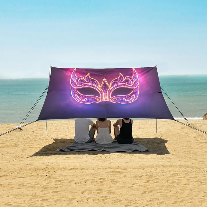 Carnival Masquerade Mask Pattern Beach Tent Sun Shelter Set UPF50+ UV Protection 10.5 x 9.19 FT Camping Shade Canopy with Sandbags Sand Anchors Carrying Bag and Others