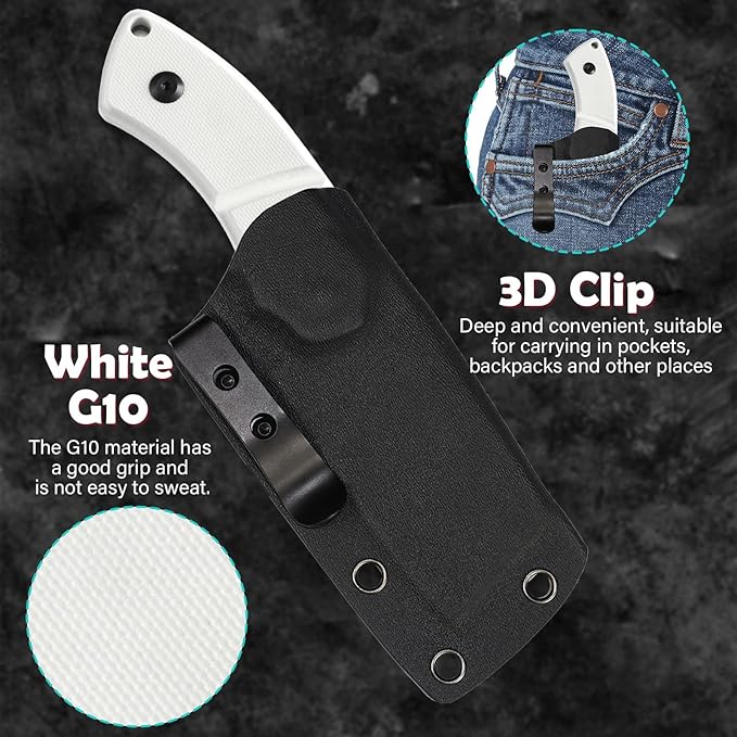 KANSEPT Knives Korvid S Fixed blade Hunting Camping Hiking Knife with 2.9''14C28N Blade Cleaver White G10 Handle Kydex Sheath for Men Women Everyday Carry G2030A2