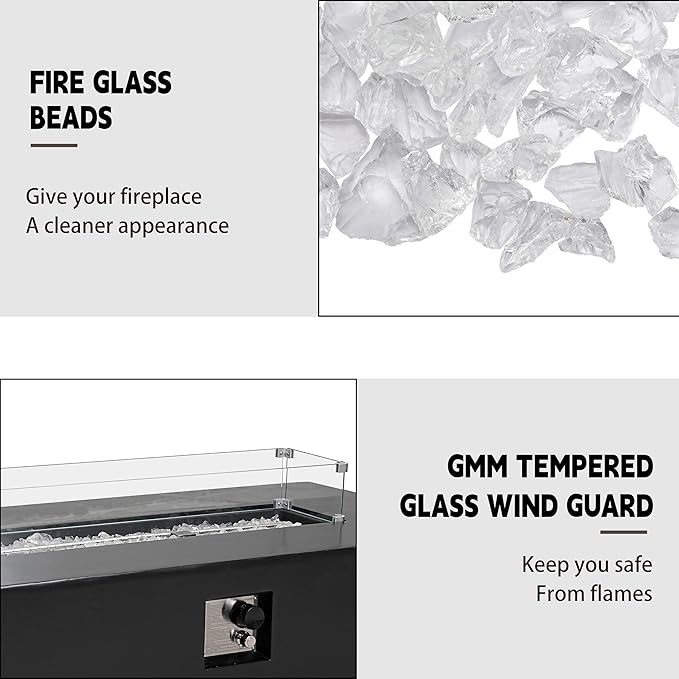 NAGA HABNA 56 Inch Propane Fire Pit Table Rectangle Outdoor Fire Table w Tank Table (50000 BTU) 3 Piece Gas Fire Pit in Black w Glass Wind Guard and White Fire Glass for Garden Pool Backyard