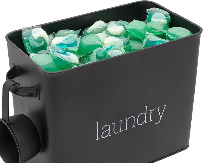 AuldHome Design Enamelware Laundry Powder Container (Black) Enamelware Detergent Bin w/ Scoop