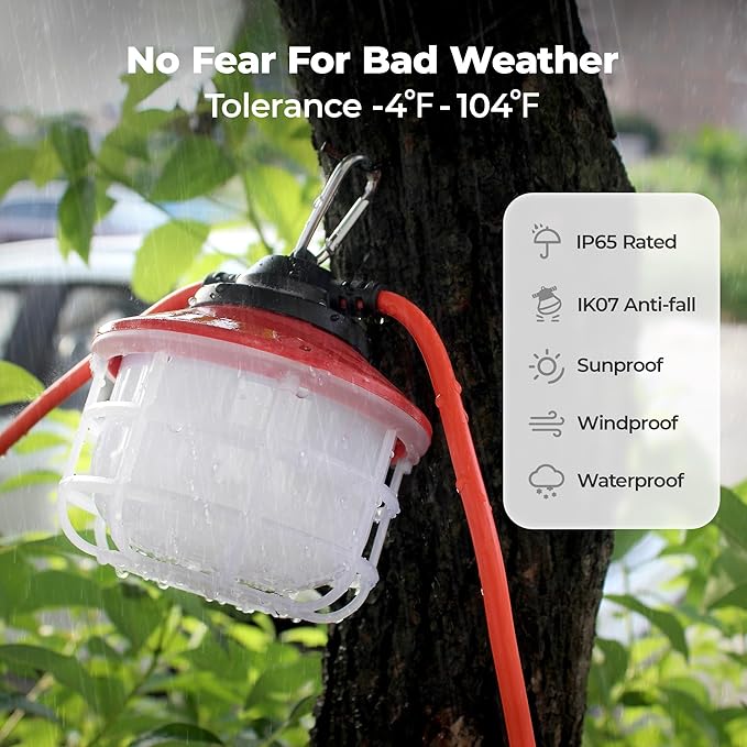 100FT Construction String Lights:150W 21000LM Linkable Super Bright LED String Work Lights for Construction Sites Temporary Work Jobsite IP65 Waterproof 18AWG Wire Work Light with Cage