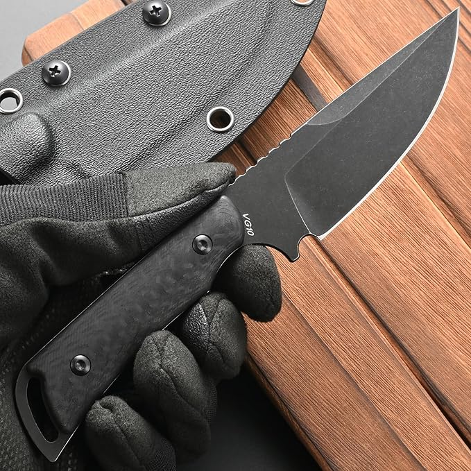 FF113 VG10 Black Stonewashed Steel Fixed Blade Knife Carbon Fiber Handle Full Tang Knife with Sheath for Outdoor Camping Hunting Working (Black)