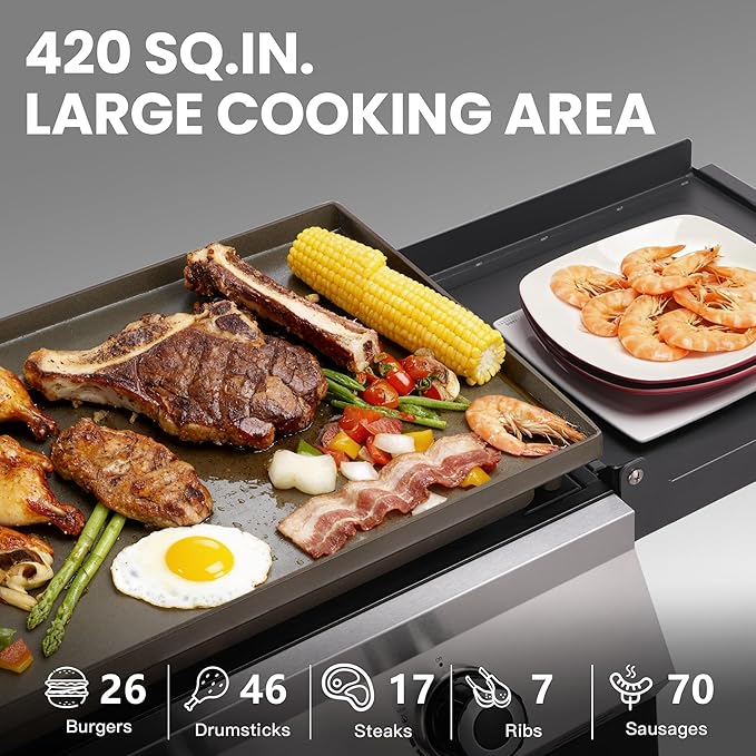 3-Burner Propane Gas Griddle 36000 BTU Outdoor Flat Top Propane Grill with 420 Sq In Cooking Area Rolling Wheels &amp Folding Side Shelves for Camping Tailgating &amp Backyard BBQ Black