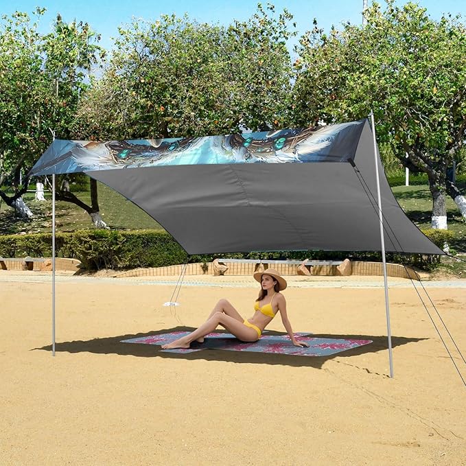 ALAZA Arctic Wolf Dreamcatcher Beach Tent Sun Shelter UPF50+ Protection Beach Shade Canopy w/ 4 Sandbags for Outdoor Camping Fishing Backyard Fun Picnic 10x9 ft