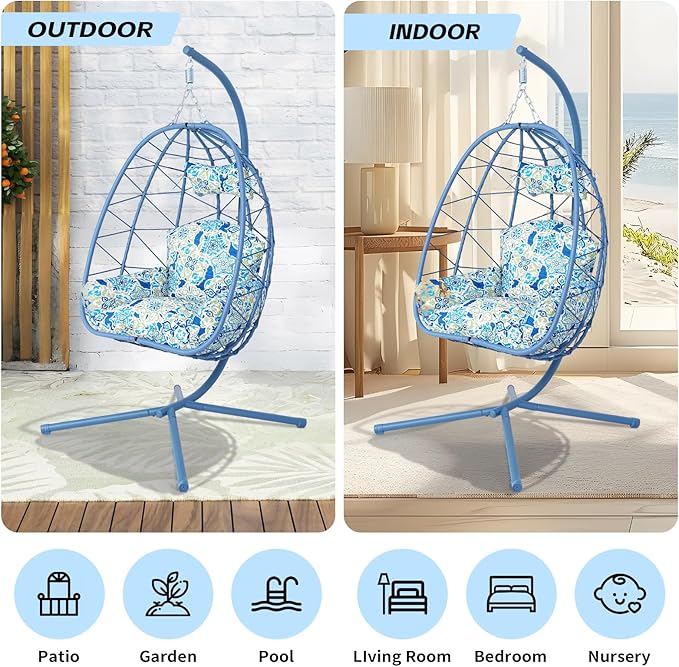 Hanging Egg Chair with Stand Outdoor Indoor Patio Rattan Swing Hammock Chairs with Washable Cushion PE Wicker Swing Chair for Backyard Bedroom Garden (Blue + Floral Cushion No Footrest)