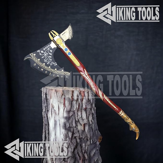 SHINY CRAFTS® Handcrafted Viking Axe – Engraved Nordic Blade with Wooden Handle Norse Bearded Hatchet for Men Unique Gift for Him Collectors Cosplay Camping Medieval Wall Decor (Viking-VBA-26)