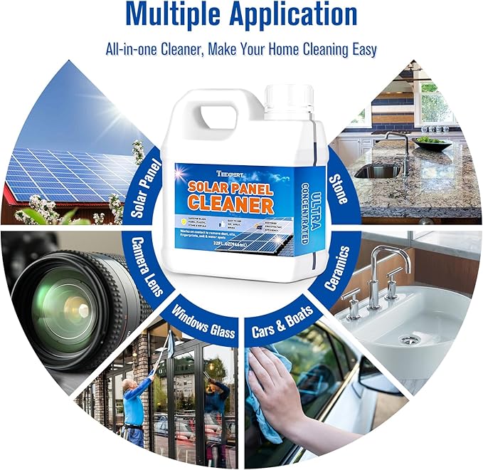 Teexpert Solar Panel Cleaner (32oz Makes 150 Gallons) Ultra Concentrated Glass &amp Solar Panel Cleaning Pro Streak-Free Ultra Quick Dry Remove Dirt Dust Droppings Oils Fingerprints &amp Water