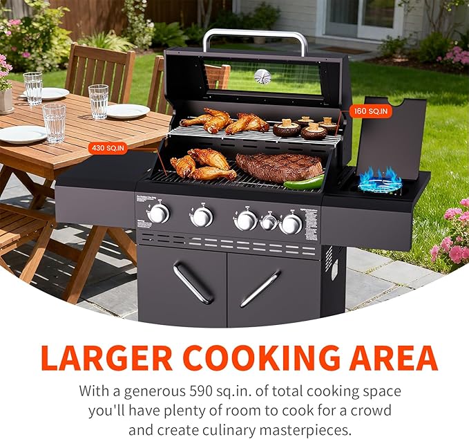 4 Burners Propane Gas Grill with Side BurnerStainless Steel Grill Outdoor Patio Garden Barbecue Grill with Clearview Oil Tray Built-in Thermometer for Barbecue Camping Patio Backyard