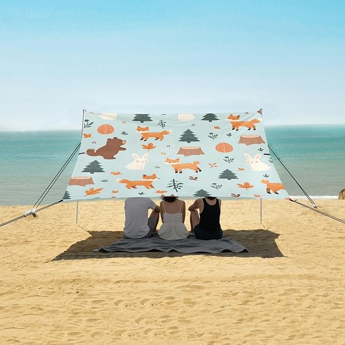 ALAZA Fox Rabbit Bear Pattern Beach Tent Sun Shelter Portable Canopy Sunshade for Outdoor Camping Picnics Backyard Fun 10x9 ft