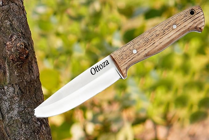 Ottoza Full Tang Bushcraft Knife with 1095 Carbon Steel Fixed Blade - Survival and Outdoor Camping Knife - Ash Wood Handle Brown Leather Sheath 403