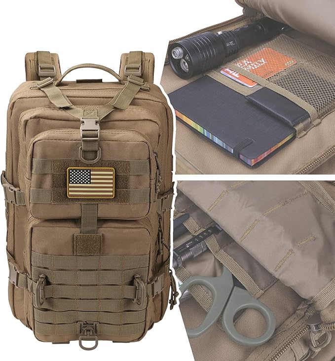 Hannibal Tactical MOLLE Assault Pack Tactical Backpack Military Army Camping Rucksack 3-Day Pack Trip w/USA Flag Patch D-Rings Coyote