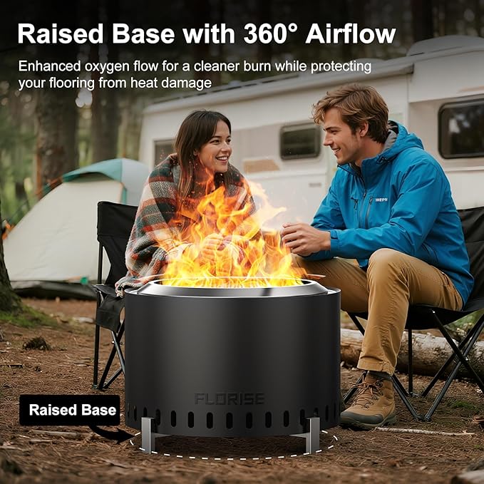 Florise 27 Inch Smokeless Fire Pit Outdoor Portable Firepit with Waterproof Cover &amp Poker Stainless Steel Wood Burning Fireplace for OutsidePatio Camping BonfireBlack