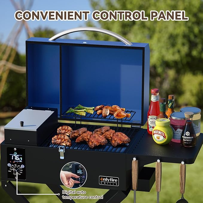 BBQ Wood Pellet Grill Smoker with Foldable Cart Meat Probe 2 Tiers Cooking Area Portable Smoking Grilling Stove for Outdoor Patio Cooking RV Camping Tailgating Blue GS342