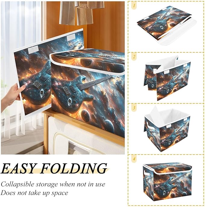AIXIWAWA Lidded Storage Cube (Guitar in Space) Fabric Foldable Closet Bins with Flip Lid and Handles Organizer Basket Container 16.5 x 12.6 x 11.8 IN