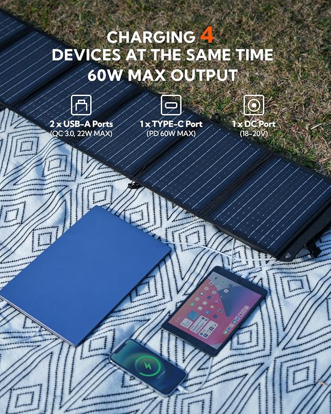 Portable Solar Panel LUMOPAL 60W Foldable Solar Panels Folding Solar Charger with PD60W USB C QC3.0 USB A Output Waterproof for Camping Backpacking Compatible with Phone Laptop Portable Power Station