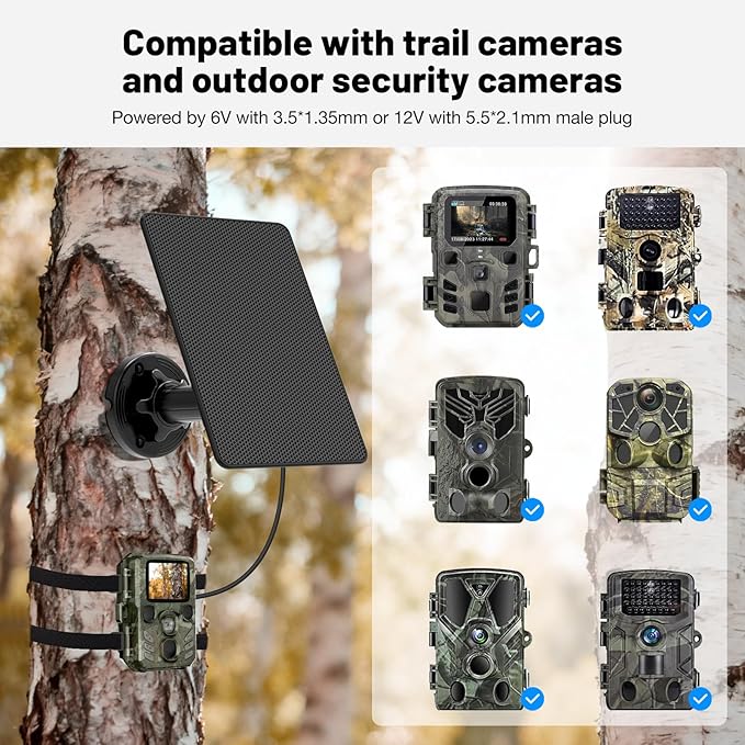 Solar Panel for Trail Cameras Built-in 5000mAh Large-Capacity Rechargeable Battery Trail Camera Solar Panel Solar Battery Charger Kit with Type C/5V DC/6V Output Suitable for Most Trail Cameras
