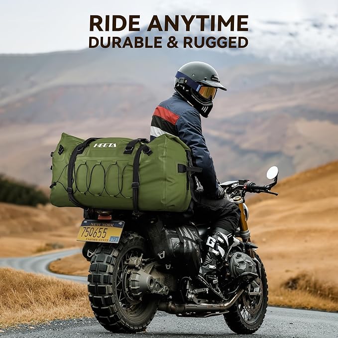 HEETA Waterproof Duffel Bag Motorcycle Dry Bag (Green 60L) Bundled with Self Inflating Sleeping Pad with Electric Pump 4 Ultra Thick Memory Foam Camping Mattress